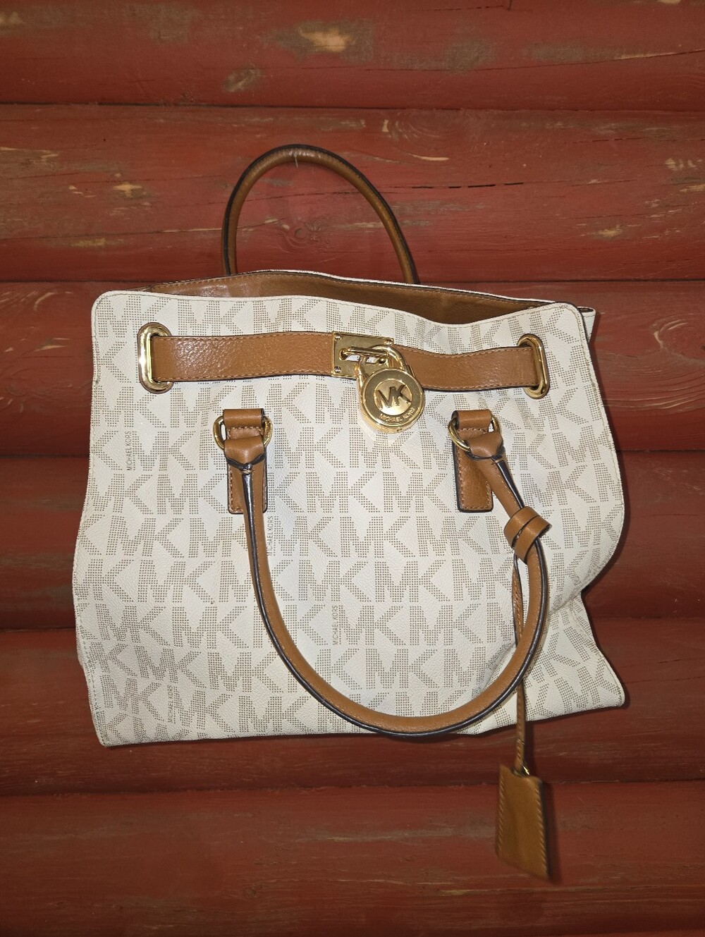 Michael Kors Vanilla and Tan MK Logo Tote with Gold Hardware